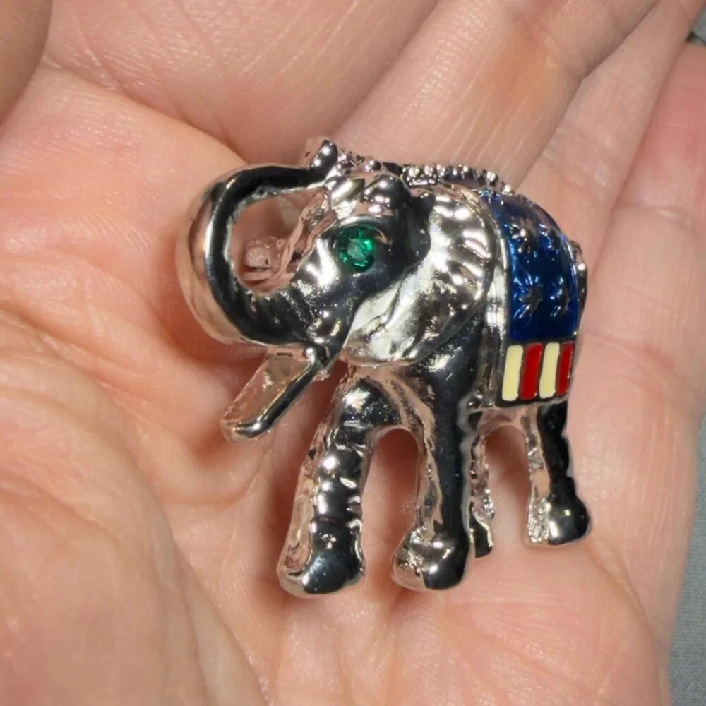 Patriotic Elephant Brooch Enamel Animal Pin Silver Tone Political 1.75”